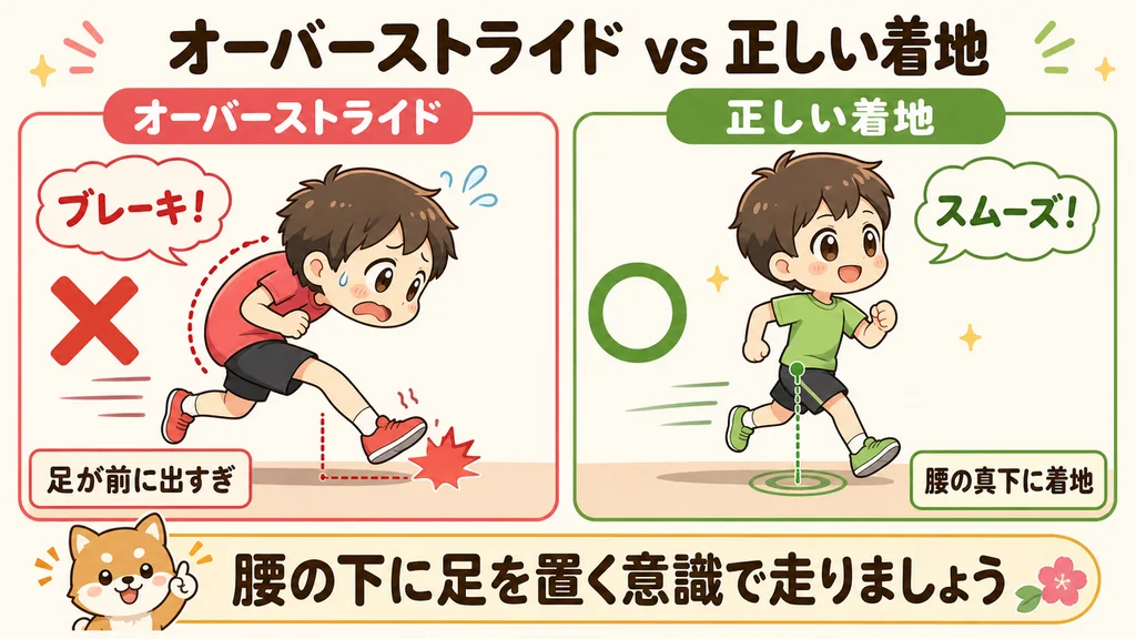 オーバーストライドと正しい着地の比較イラスト。左は足が前に出すぎてブレーキがかかる走り方、右は腰の真下に着地するスムーズな走り方。
