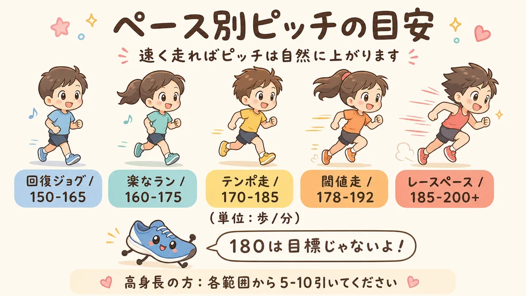 ペース別ピッチの目安イラスト。回復ジョグ150-165から レースペース185-200+まで5段階。180は目標ではない。