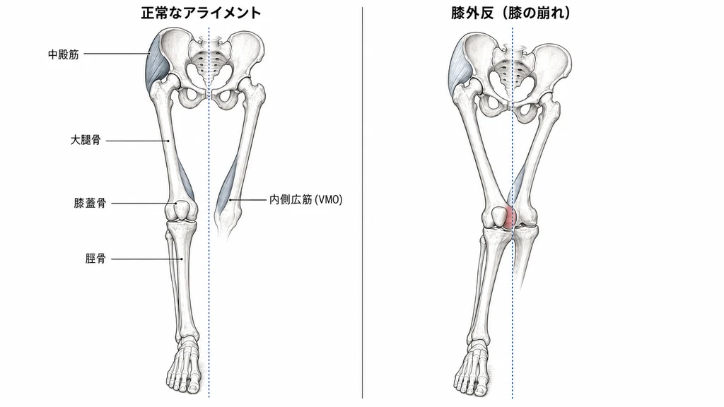 片脚立位における下肢の正常なアライメントと膝外反(膝の崩れ)を比較した前面図。左パネル:骨盤が水平、大腿骨と脛骨が垂直に整列、膝蓋骨は大腿骨溝の中央に位置。右パネル:骨盤の下垂、膝の内側への崩れ、膝蓋骨の外側偏位、膝蓋大腿関節圧迫部位の赤色強調。5つの解剖学的ラベル:膝蓋骨、大腿骨、脛骨、中殿筋、内側広筋(VMO)。