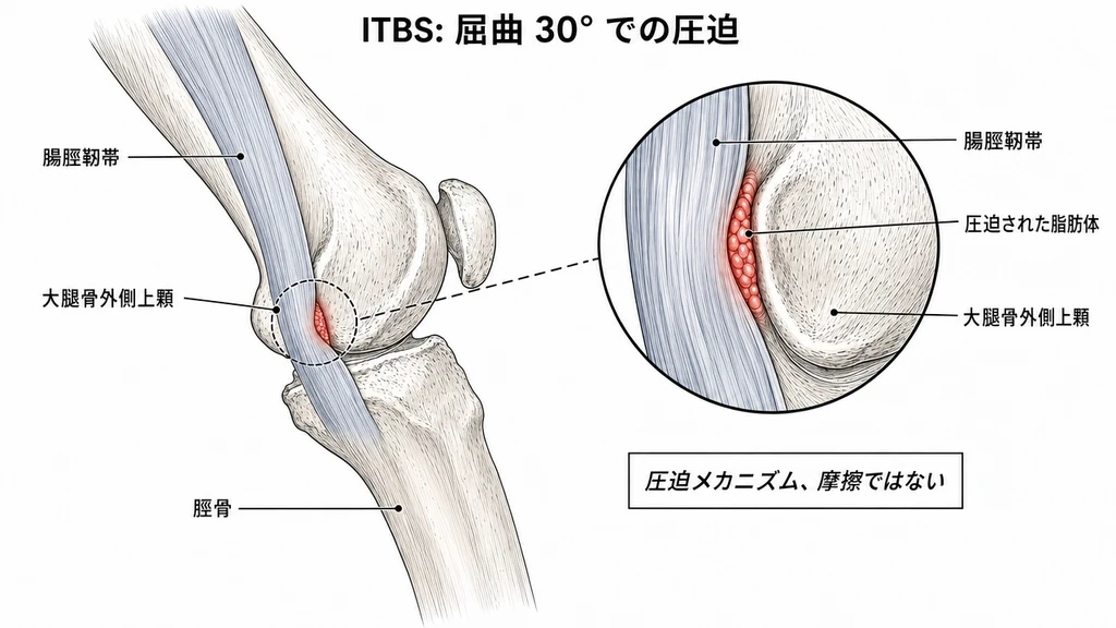 約 30° 屈曲した膝関節の側面図。腸脛靭帯症候群(ITBS)の圧迫メカニズムを示す。腸脛靭帯は大腿外側を走る厚い筋膜シートとして描かれ、屈曲時に大腿骨外側上顆に押し付けられ、その間の小さな脂肪体を圧迫する(赤色強調)。右側の拡大コールアウトで圧迫部位を接写。プルクオート:「圧迫メカニズム、摩擦ではない」。4つの解剖学的ラベル:腸脛靭帯、大腿骨外側上顆、圧迫された脂肪体、脛骨。