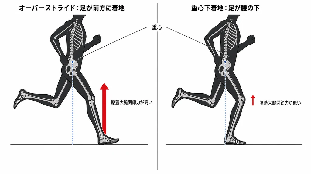 ランニング着地位置と重心の関係を二面で対比する生体力学図。両ランナーは側面図で骨格の薄い重ね描きを伴う。左パネル(「オーバーストライド:足が前方に着地」):足が青い破線の重心軸より前方に着地、接地時の膝はより伸展、膝に太い赤い上向き矢印が付き「膝蓋大腿関節力が高い」と表示。右パネル(「重心下着地:足が腰の下」):足が腰の真下、重心軸上に着地、膝はより屈曲、赤い矢印は細く「膝蓋大腿関節力が低い」と表示。