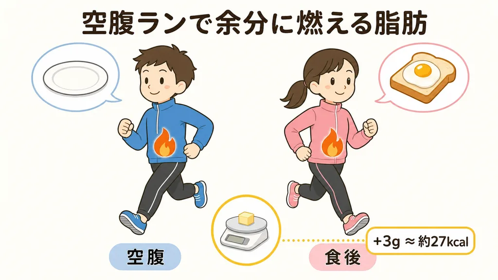空腹で走るランナーと食後に走るランナー、どちらも脂肪を燃やしている。実測の差はキッチンスケールの上——約3g・約27kcal。