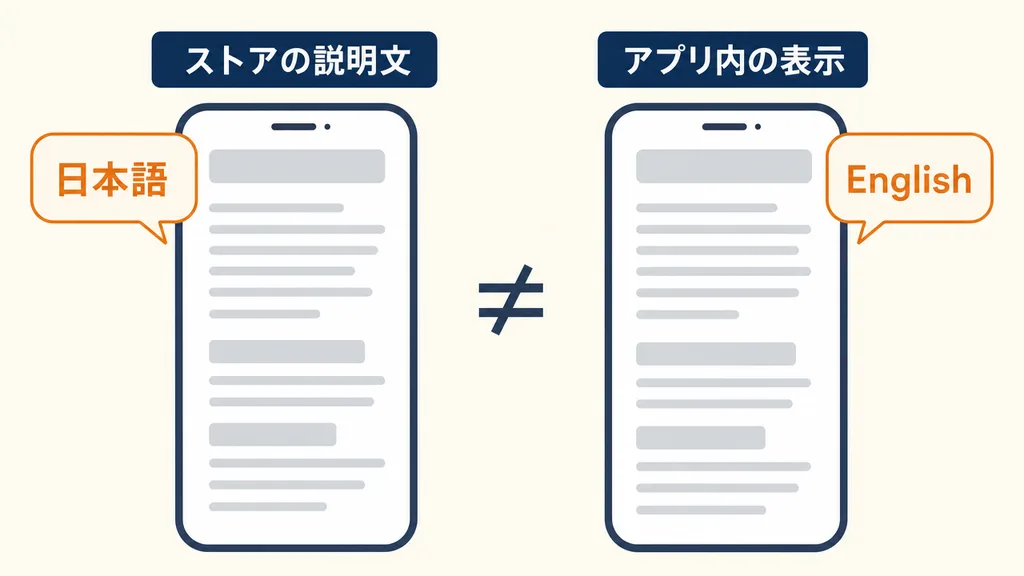 ストアの説明文とアプリ内の表示が別物であることを示す模式図。左のスマートフォンにはストアの説明文が日本語、右のスマートフォンにはアプリ内の表示が英語と示されている。