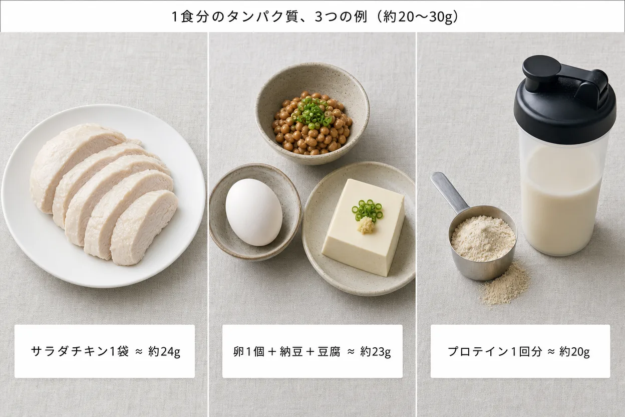 1食分のタンパク質の3つの例：サラダチキン1袋で約24g、卵1個と納豆と豆腐で約23g、プロテイン1回分で約20g。