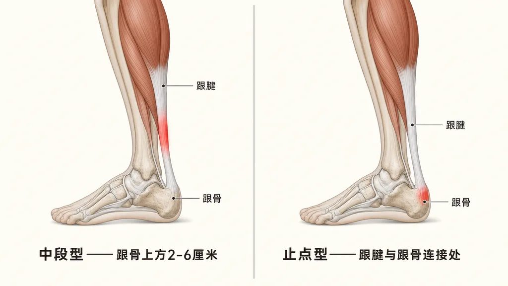 小腿侧视医学示意图，对比跟腱炎的两个位置：左为中段型，红色高亮在跟骨上方2-6厘米的腱体上；右为止点型，红色高亮在跟腱与跟骨的连接处。图中标注跟腱与跟骨。