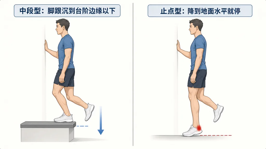 单腿离心提踵两个版本的对比示意图：左为中段型版本，脚跟沿向下箭头沉到台阶边缘以下；右为止点型版本，在平地上脚跟降到地面水平的虚线处停住，脚跟后侧有红色标记。