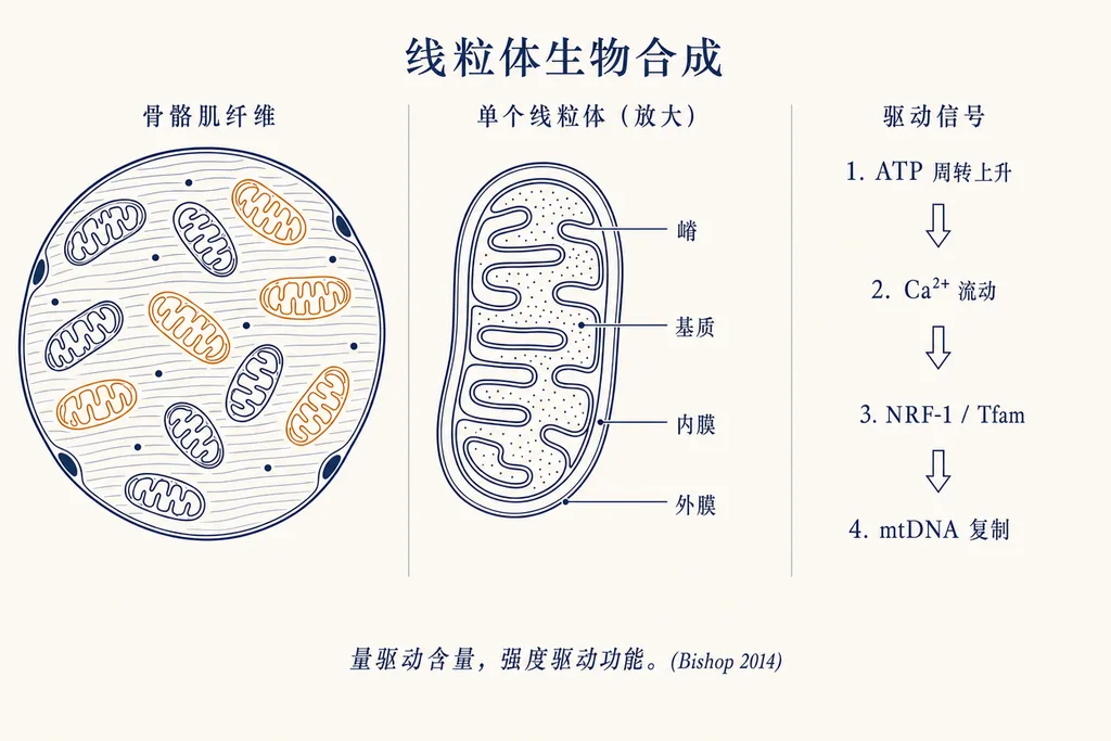 线粒体生物合成三联示意图:左为骨骼肌纤维横截面含 8-10 个线粒体,中为单个线粒体放大显示嵴、基质、内膜、外膜;右为四个驱动信号——ATP 周转上升、钙离子流动、NRF-1 与 Tfam 转录因子、mtDNA 复制。底部标注训练量驱动含量、强度驱动功能(Bishop 2014)。