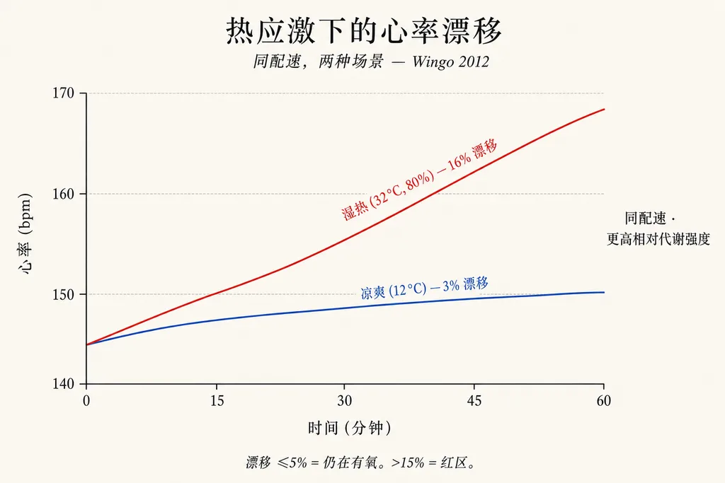 60 分钟同绝对配速心率漂移时间序列图:凉爽(12°C)蓝色曲线仅漂移 3%,从 145 升至约 150 bpm;湿热(32°C、80% 湿度)红色曲线漂移 16%,从 145 升至约 168 bpm。同配速在热应激下对应更高相对代谢强度(Wingo 2012)。