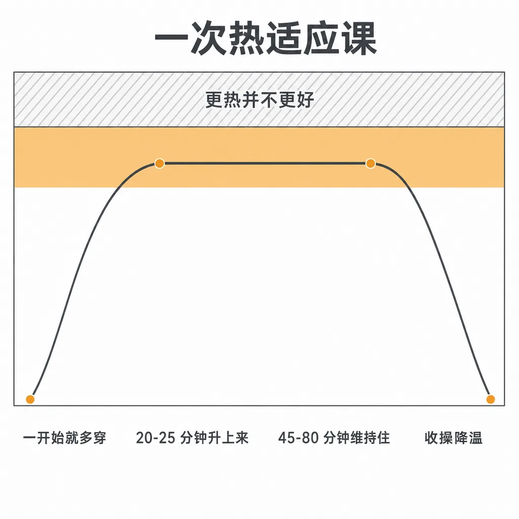 一次热适应课的示意曲线：体热在 20 到 25 分钟内升入目标区间，在区间内维持 45 到 80 分钟，然后随收操下降；目标区间上方的斜线带标注「更热并不更好」。