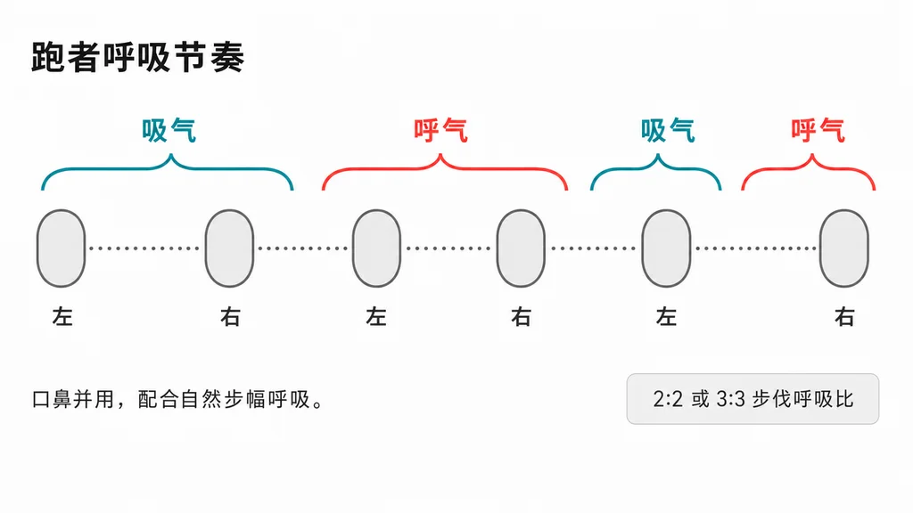 跑者呼吸节奏图。6个脚印配合吸气和呼气弧线,展示2:2或3:3步伐呼吸比。