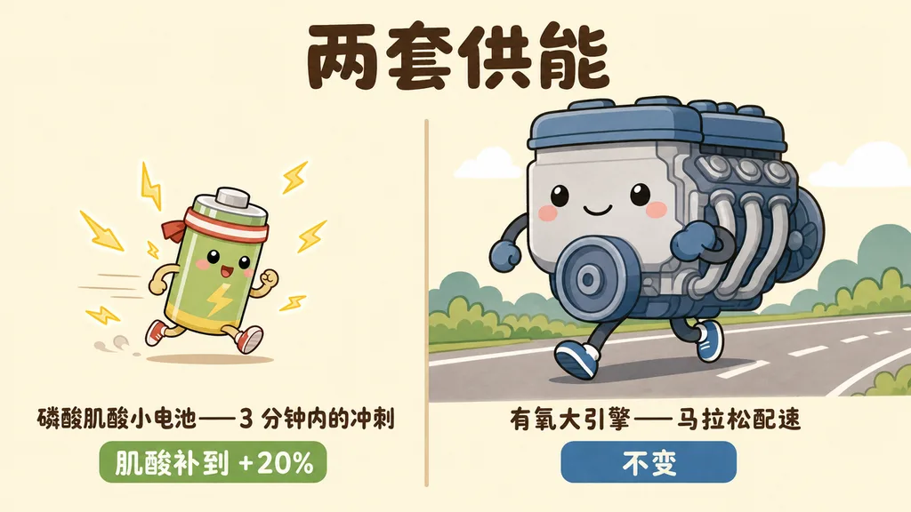 两套供能系统的卡通对比：磷酸肌酸小电池负责 3 分钟内的冲刺，补肌酸后充到 +20%；有氧大引擎负责马拉松配速，补肌酸后不变。