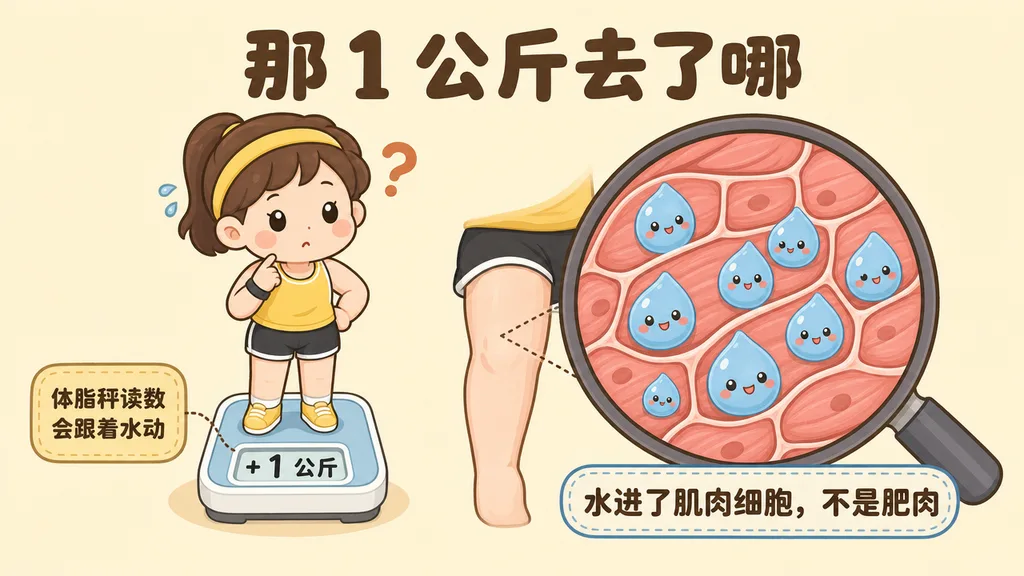 那 1 公斤去了哪：涨的水进了肌肉细胞，不是肥肉；旁边的体脂秤读数会跟着水一起动。
