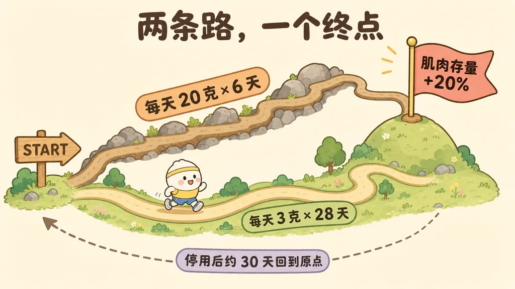 两条路，一个终点：每天 20 克 × 6 天与每天 3 克 × 28 天，都到达肌肉存量 +20%，停用后约 30 天回到原点。