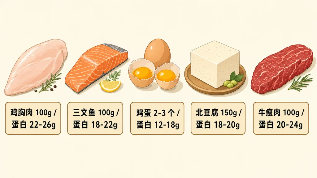 5 种中式高蛋白食材横向对照：鸡胸肉 100g/22-26g 蛋白、三文鱼 100g/18-22g、鸡蛋 2-3 个/12-18g、北豆腐 150g/18-20g、牛瘦肉 100g/20-24g。