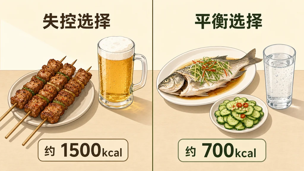 跑团聚餐失控选择（烧烤+啤酒约 1500kcal）vs 平衡选择（蒸鱼+凉菜+苏打水约 700kcal）的对比。