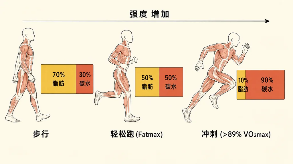 三阶段示意图：步行(脂肪70%)、轻松跑Fatmax(脂肪50%)、冲刺(脂肪10%)，展示运动强度上升时身体燃料配比从脂肪转向碳水的变化。