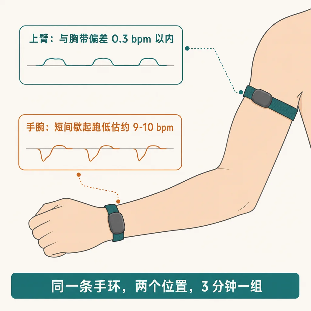 同一条无屏手环分别戴在手腕和上臂的示意图，配两段心率曲线：手腕在短间歇起跑时低估约 9-10 bpm，上臂与胸带偏差在 0.3 bpm 以内。