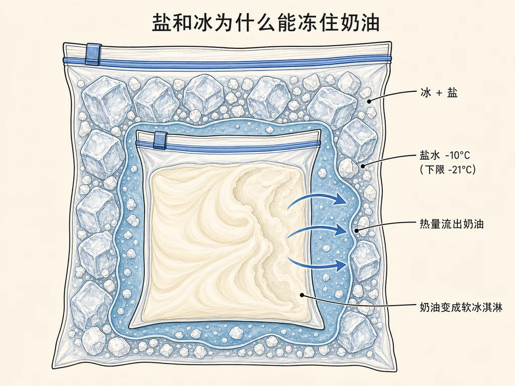 冰淇淋跑科学示意图:盐溶进融化的冰中吸热并降低凝固点,盐水降到约负10摄氏度,热量从中间的奶油基底袋流向零下盐水,把基底冻成软冰淇淋
