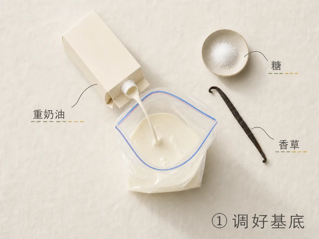 在量杯里把重奶油、糖和香草搅匀,调成冰淇淋基底