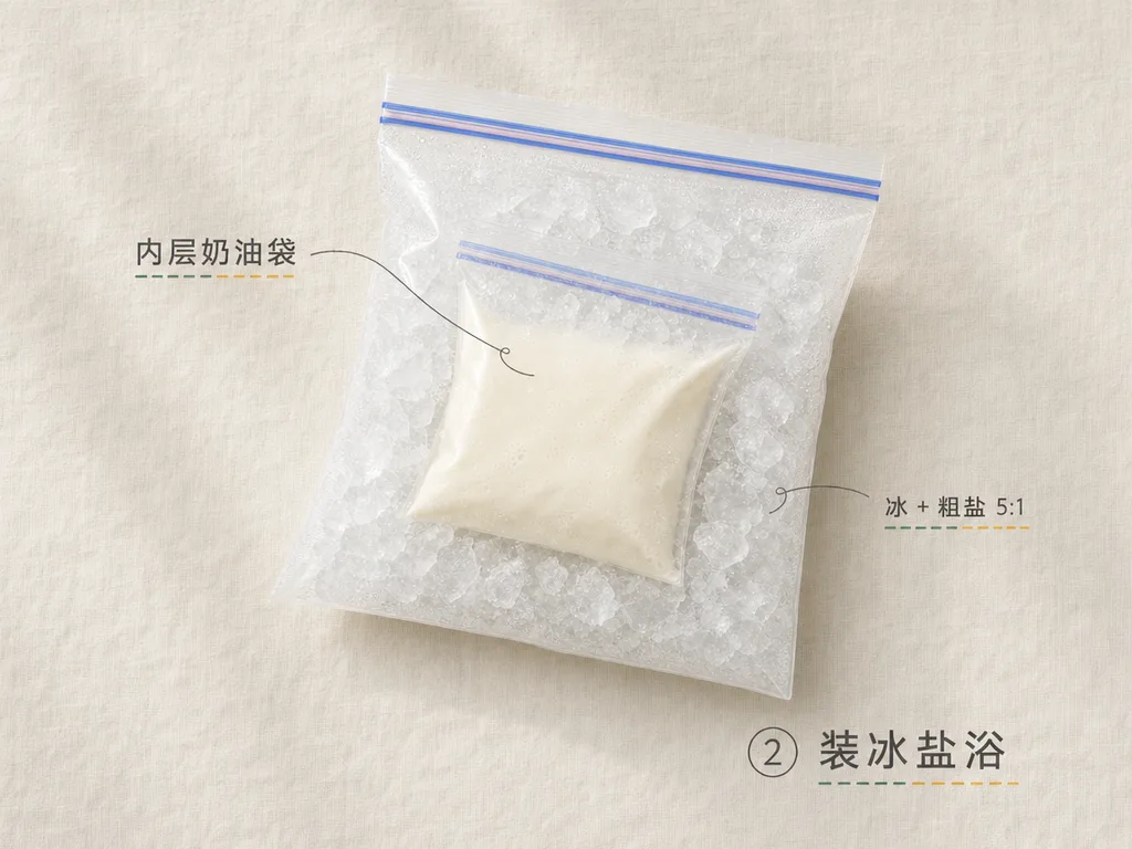 把装着基底的密封小袋嵌进装满冰和粗盐的大密封袋里,做成双层套袋