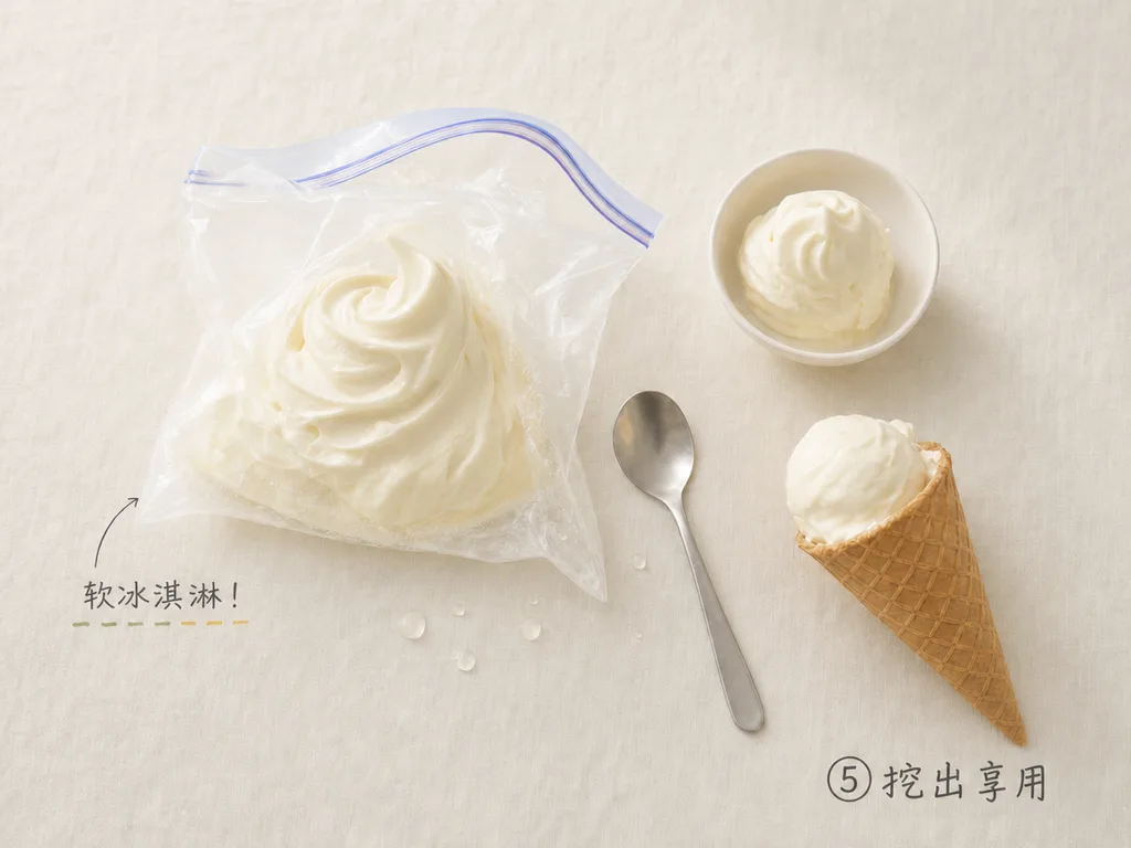 打开袋子,从中挖出做好的软冰淇淋