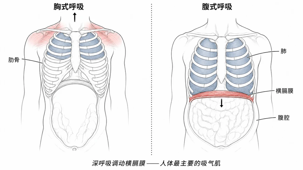 胸式呼吸与腹式呼吸的两栏前视解剖对比图。左栏：胸式呼吸状态，肋骨抬升，横膈膜几乎不下移，仅肺上叶扩张，上胸部红色标记表示辅助呼吸肌过度参与。右栏：腹式呼吸状态，肋骨保持中立位，横膈膜明显下压扁平，全肺叶充分扩张，腹部温和外凸，横膈膜上的红色标记凸显其作为主要吸气肌的角色。四个解剖标签：横膈膜、肺、肋骨、腹腔。