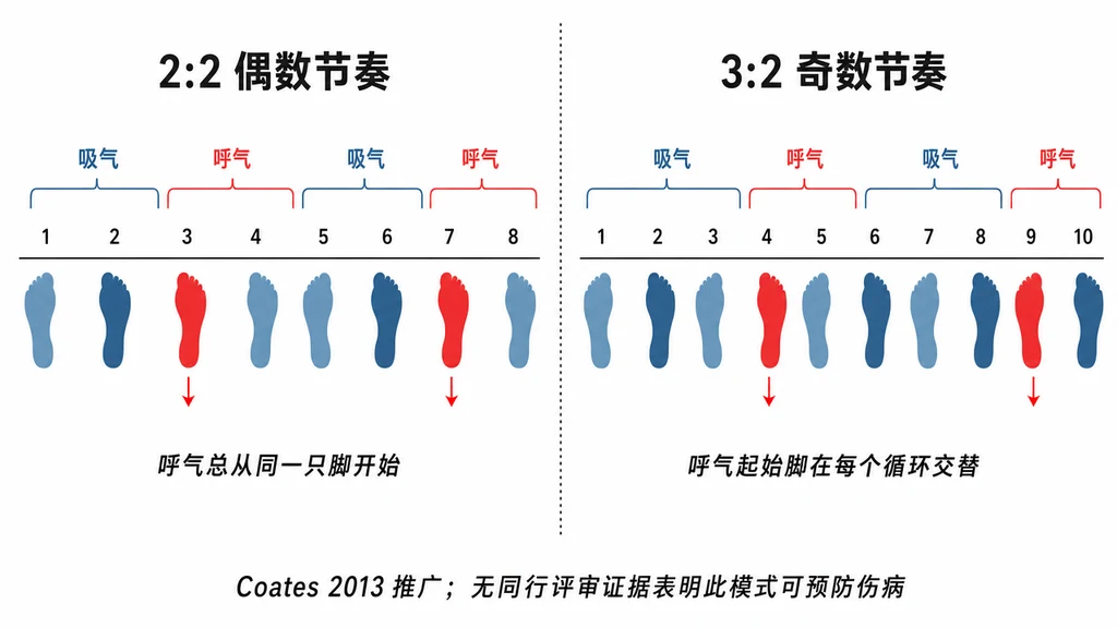 对比 2:2 偶数节奏与 3:2 奇数节奏（Coates 2013 推广）的两栏时间轴信息图。左栏：2:2 模式，八个落脚点组成两个吸气-呼气循环，呼气总从同一只脚开始（红色标记）。右栏：3:2 模式，十个落脚点组成两个循环，呼气起始脚在每个循环交替（红色标记）。底部说明：无同行评审证据表明此模式可预防伤病。