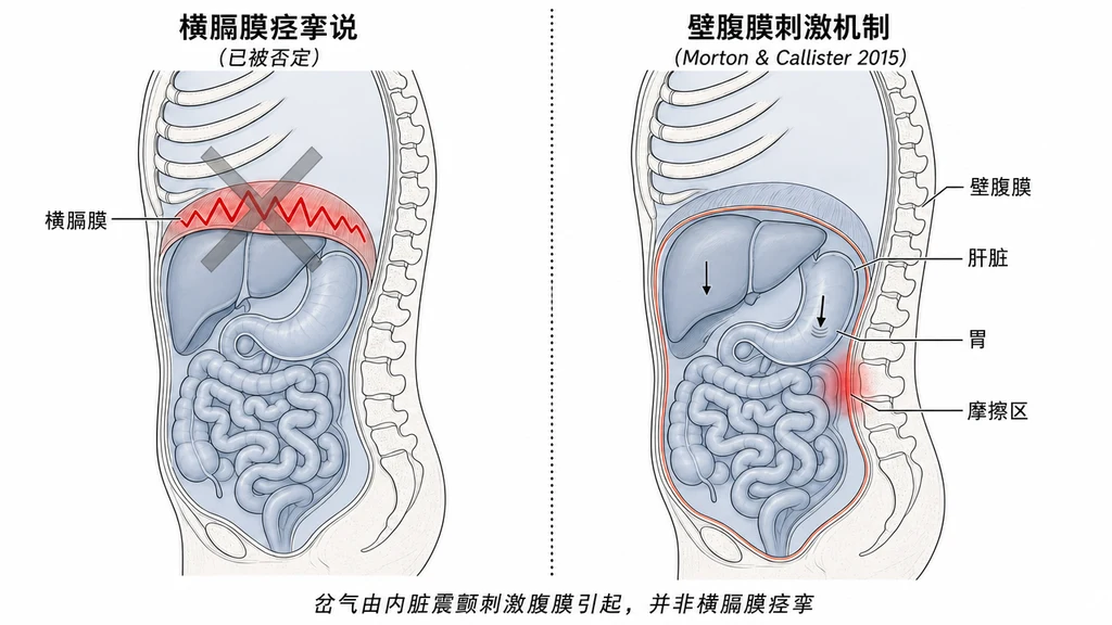 岔气成因的两栏矢状面解剖对比图。左栏：被否定的横膈膜痉挛说，横膈膜上有红色锯齿状痉挛波形与半透明灰色 X 标记，表明该说法未获证据支持。右栏：Morton & Callister 2015 评议支持的壁腹膜刺激机制，腹膜衬里以珊瑚色高亮，肝脏与胃下方有向下箭头表示落脚时内脏震动，肝脏韧带附着区有红色摩擦区。五个解剖标签：横膈膜、壁腹膜、肝脏、胃、摩擦区。