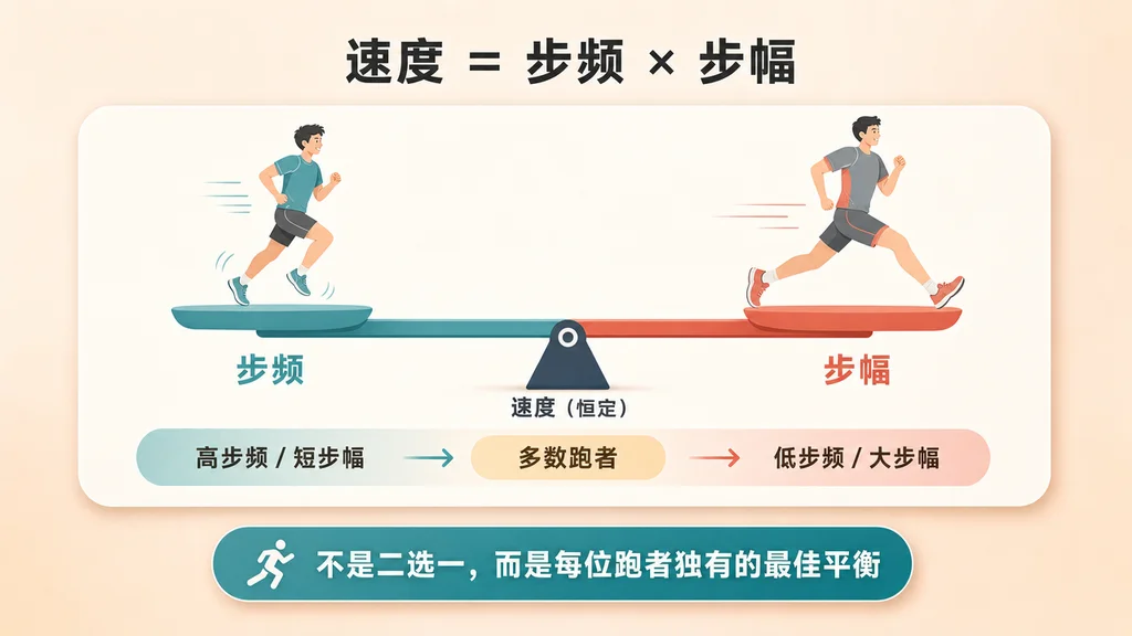 跷跷板图示：速度=步频x步幅。步频越高步幅越短，反之亦然，多数跑者处于舒适的中间区域。
