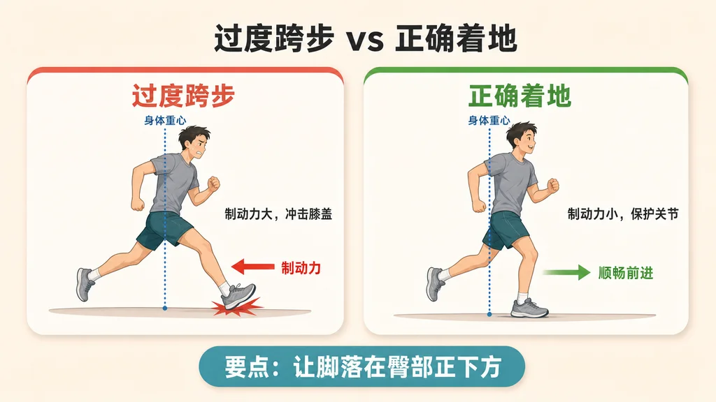 过度跨步与最佳着地对比图。左侧脚落在重心前方产生大制动力，右侧脚落在臀部下方制动力最小。