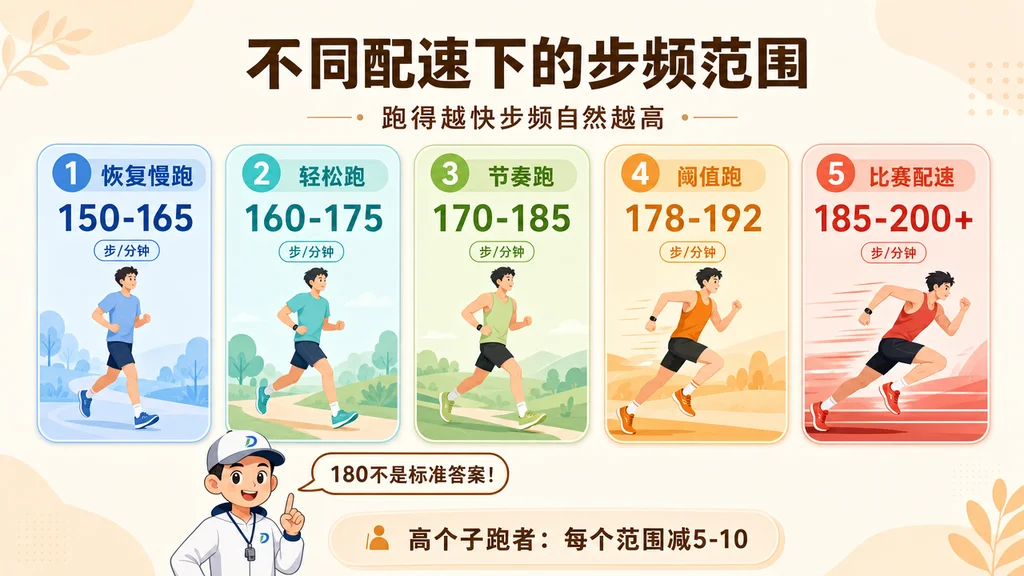 不同配速下的步频范围条形图，从恢复慢跑150-165到比赛配速185-200+。180不是通用目标。
