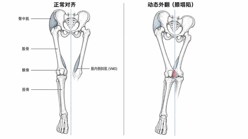 正面视角对比单腿支撑时下肢的正常对齐与动态外翻。左栏：骨盆水平、股骨与胫骨垂直对齐、髌骨位于股骨沟中线；右栏：骨盆下沉、膝盖向内塌陷、髌骨向外侧滑动并有红色高亮标注髌股关节压迫区。五个解剖标签：髌骨、股骨、胫骨、臀中肌、股内侧斜肌（VMO）。