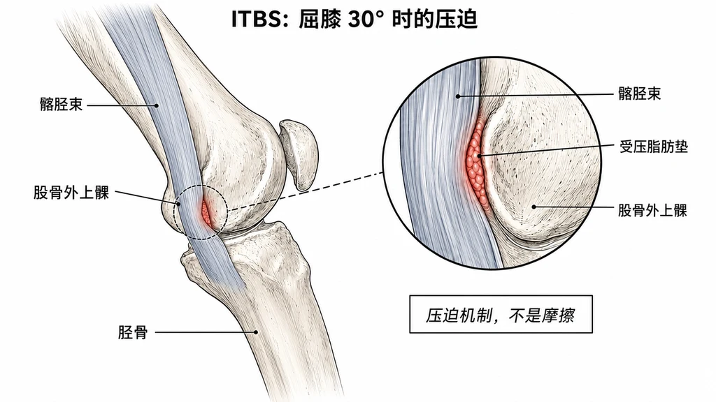 屈膝约 30° 的膝关节侧视图，展示髂胫束综合征（ITBS）的压迫机制。髂胫束沿大腿外侧延伸，在屈膝时压向股骨外上髁，受压脂肪垫被夹在两者之间（红色高亮）。右侧放大圆圈展示压迫区域特写。注解：压迫机制，不是摩擦。四个解剖标签：髂胫束、股骨外上髁、受压脂肪垫、胫骨。