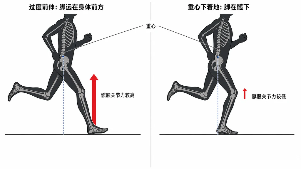 跑步着地位置相对重心的双栏生物力学对比图。两位跑者均为侧视图配淡骨架叠加。左栏（「过度前伸：脚远在身体前方」）：脚远落在蓝色虚线重心垂线之前，着地时膝盖较伸直，膝处粗红色向上箭头标注「髌股关节力较高」。右栏（「重心下着地：脚在髋下」）：脚落在髋部正下方、与重心线重合，膝盖更屈曲，红色箭头较细，标注「髌股关节力较低」。
