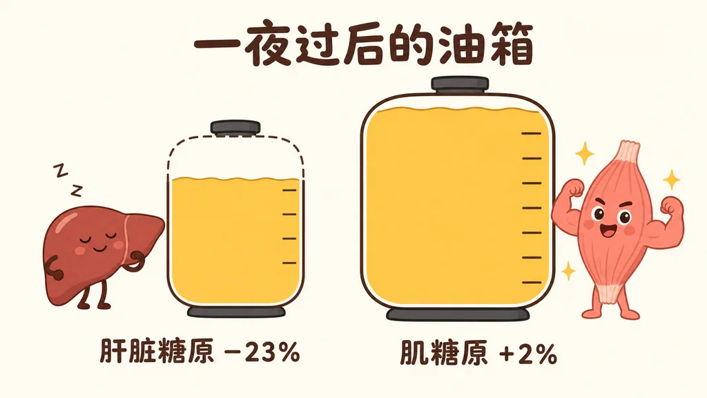 一夜睡眠后的两个卡通油箱:较小的肝脏糖原罐少了约五分之一(−23%),较大的肌糖原罐仍然是满的(+2%)。