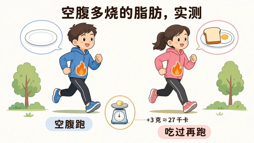 空腹跑和吃过再跑的两位跑者都在燃烧脂肪,实测差距摆在厨房秤上:约 3 克脂肪、约 27 千卡。