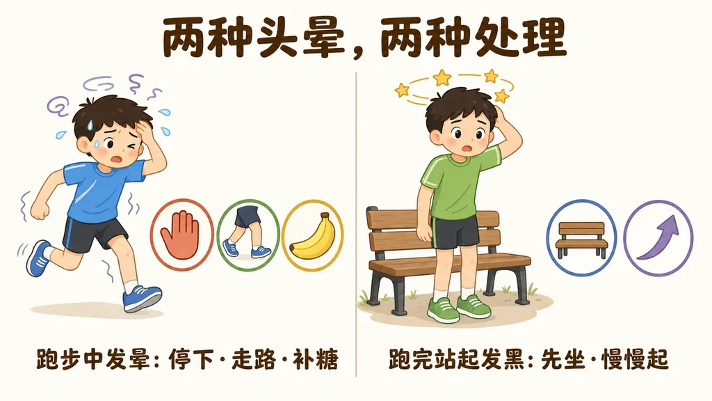 两种头晕的对比:跑步中发晕要停下、走路、补糖;跑完站起眼前发黑要先坐下、慢慢起身。