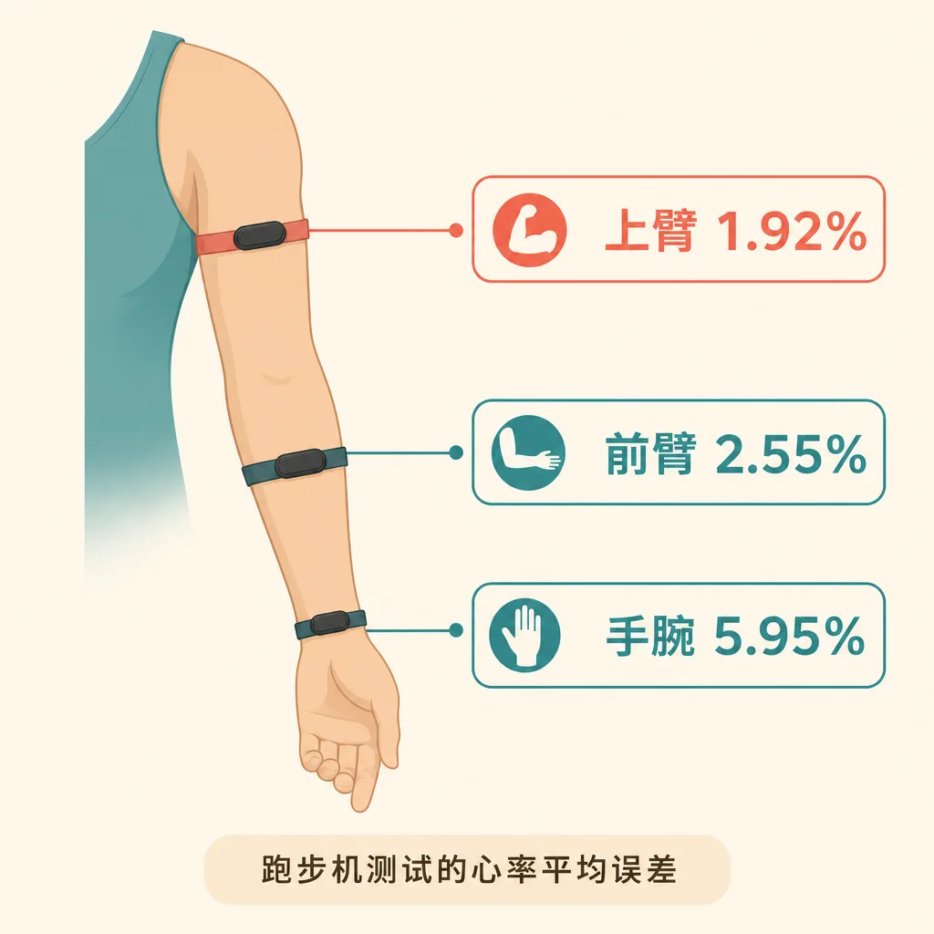 手臂佩戴位置误差示意图：同一只手环戴在手腕误差 5.95%、前臂 2.55%、上臂 1.92%，上臂位置以高亮标出，注明为跑步机测试的心率平均误差。