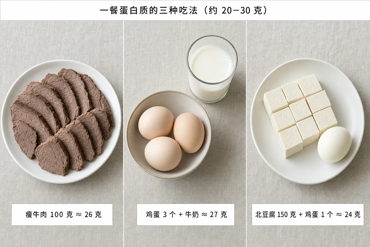 一餐蛋白质的三种吃法:瘦牛肉 100 克约 26 克蛋白质、鸡蛋 3 个加牛奶约 27 克、北豆腐 150 克加鸡蛋 1 个约 24 克。